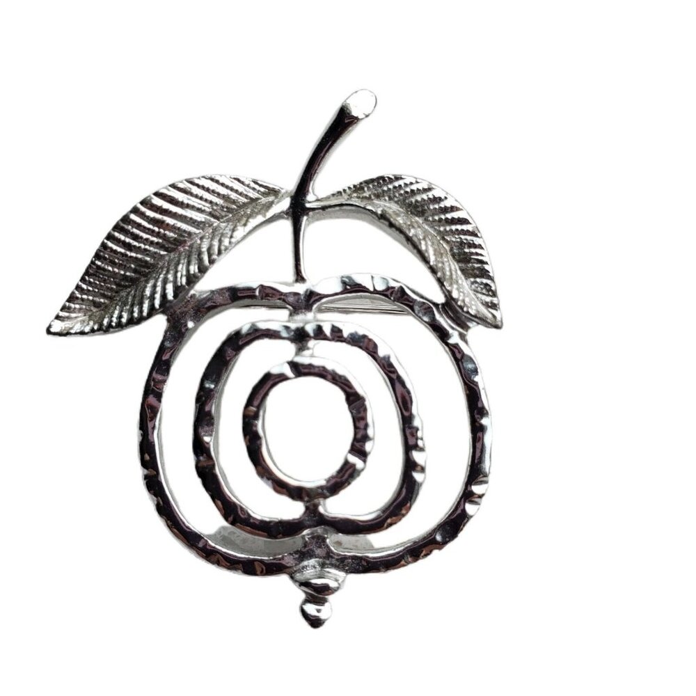 Sarah Coventry Pewter Apple Brooch Vintage Pin Cherry Fruit Silvertone